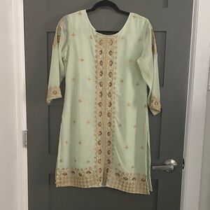 Elegant Mint Green Dress with Gold Embroidery